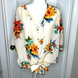Cream Floral Shift High Low Tie Front Top Sz.M